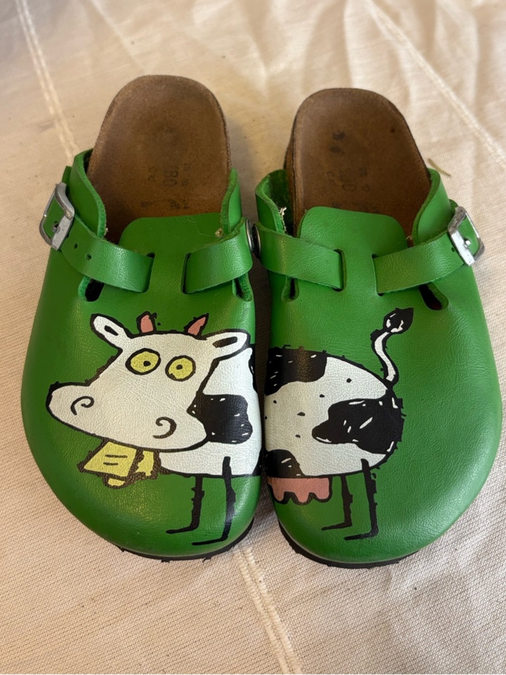 Birkis Birkenstock Boston Youth Green Leather‎ Cartoon Cow VERY RARE